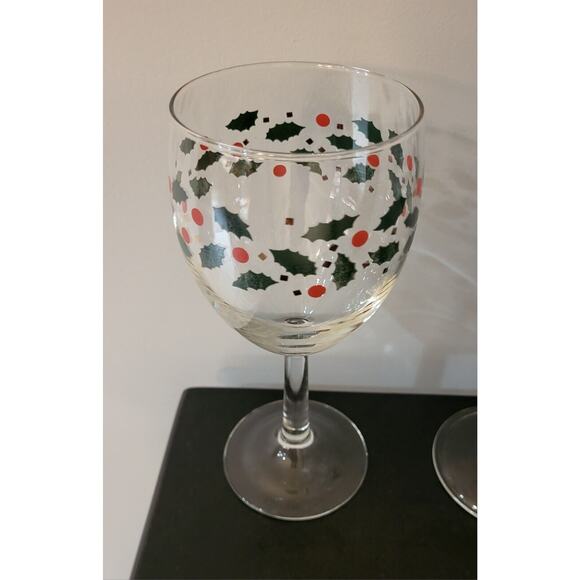 Christmas Holly Berry Gold Confetti Wine Glasses Set of 5 Holiday Stemware 7 In - Picture 7 of 12